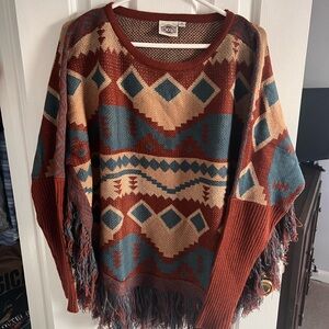 Geometric Patterned Women's Sweater - Rust and Teal